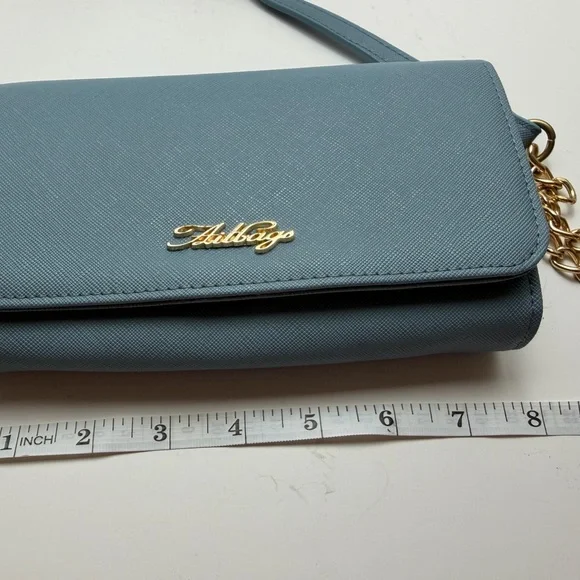 Saffiano Light Blue Crossbody Bag with Gold Chain Strap - Picture 8 of 10
